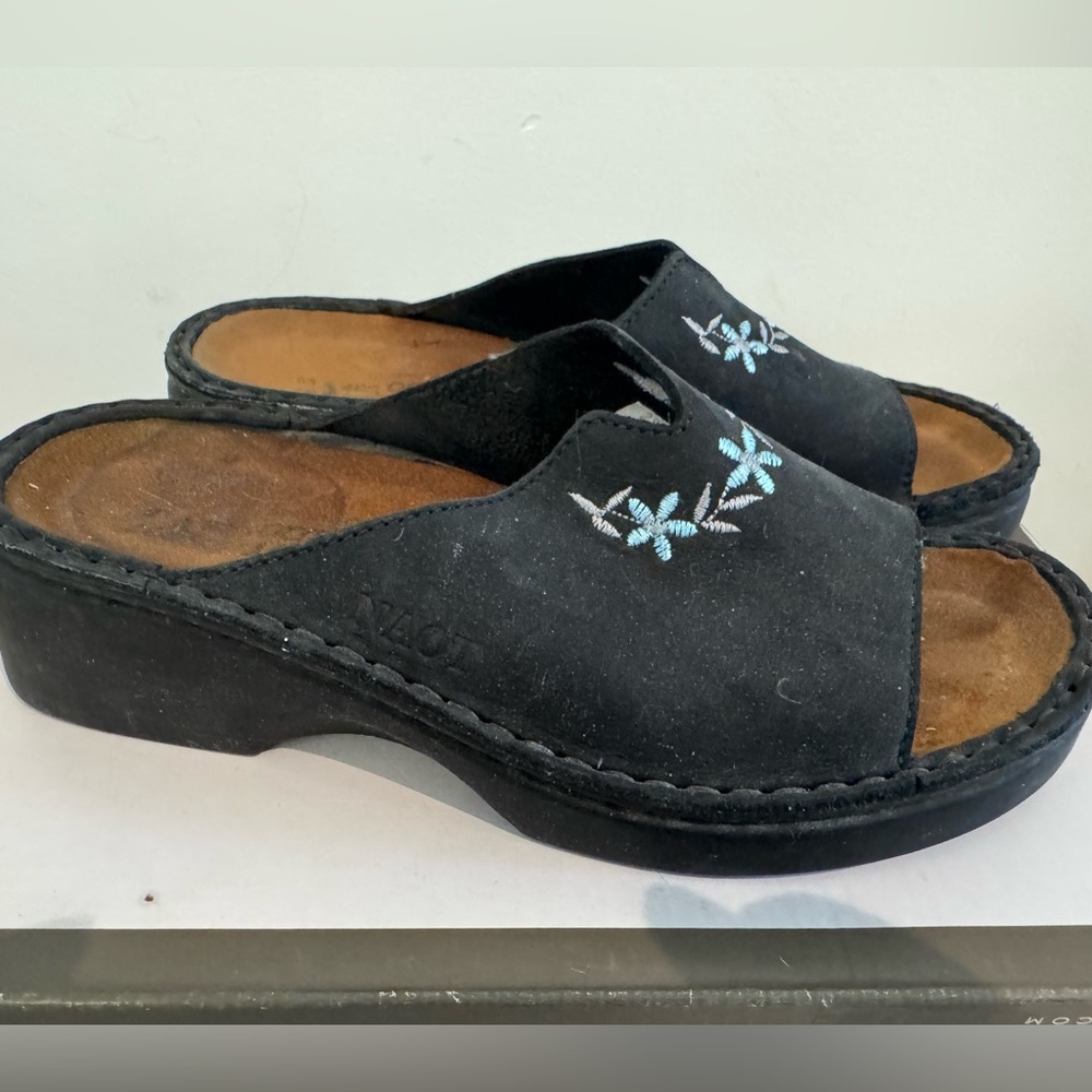 NAOT navy with blue flower detail Embroidered Women's Slide Sandals